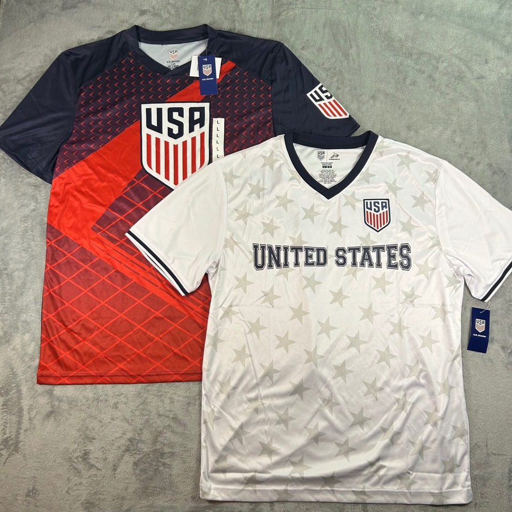 New US Soccer Men L Jersey 2 Pack Icon Sports White Stars Red Navy Blue 422R